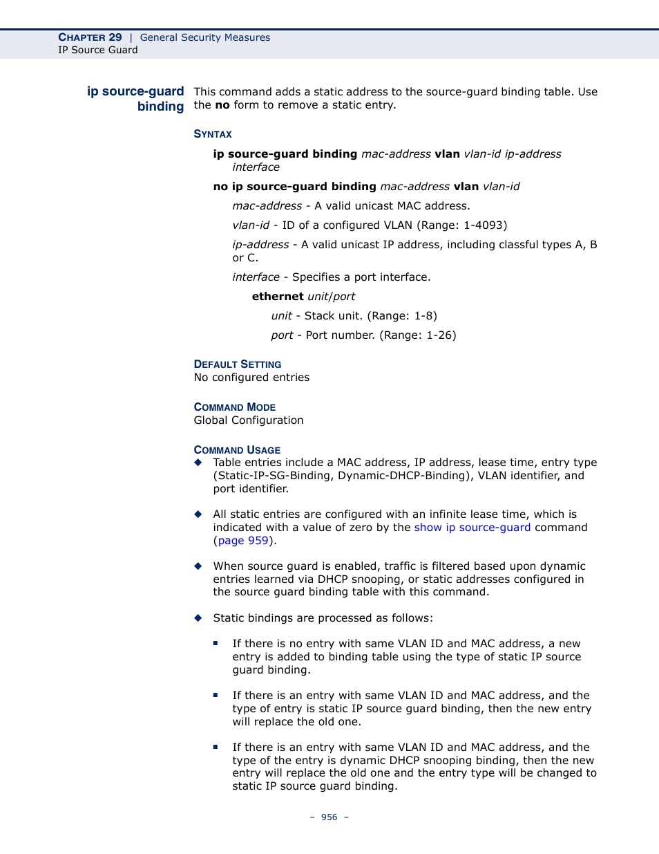 Ip source-guard binding | LevelOne GTL-2691 User Manual | Page 956 / 1644