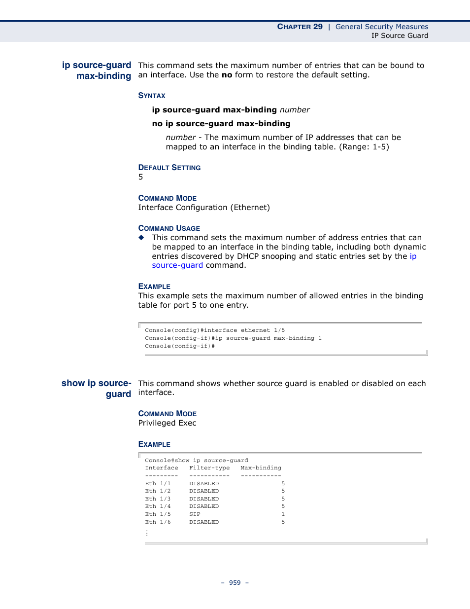 Ip source-guard max-binding, Show ip source- guard, Show ip source-guard | Ip source-guard max, Binding | LevelOne GTL-2691 User Manual | Page 959 / 1644