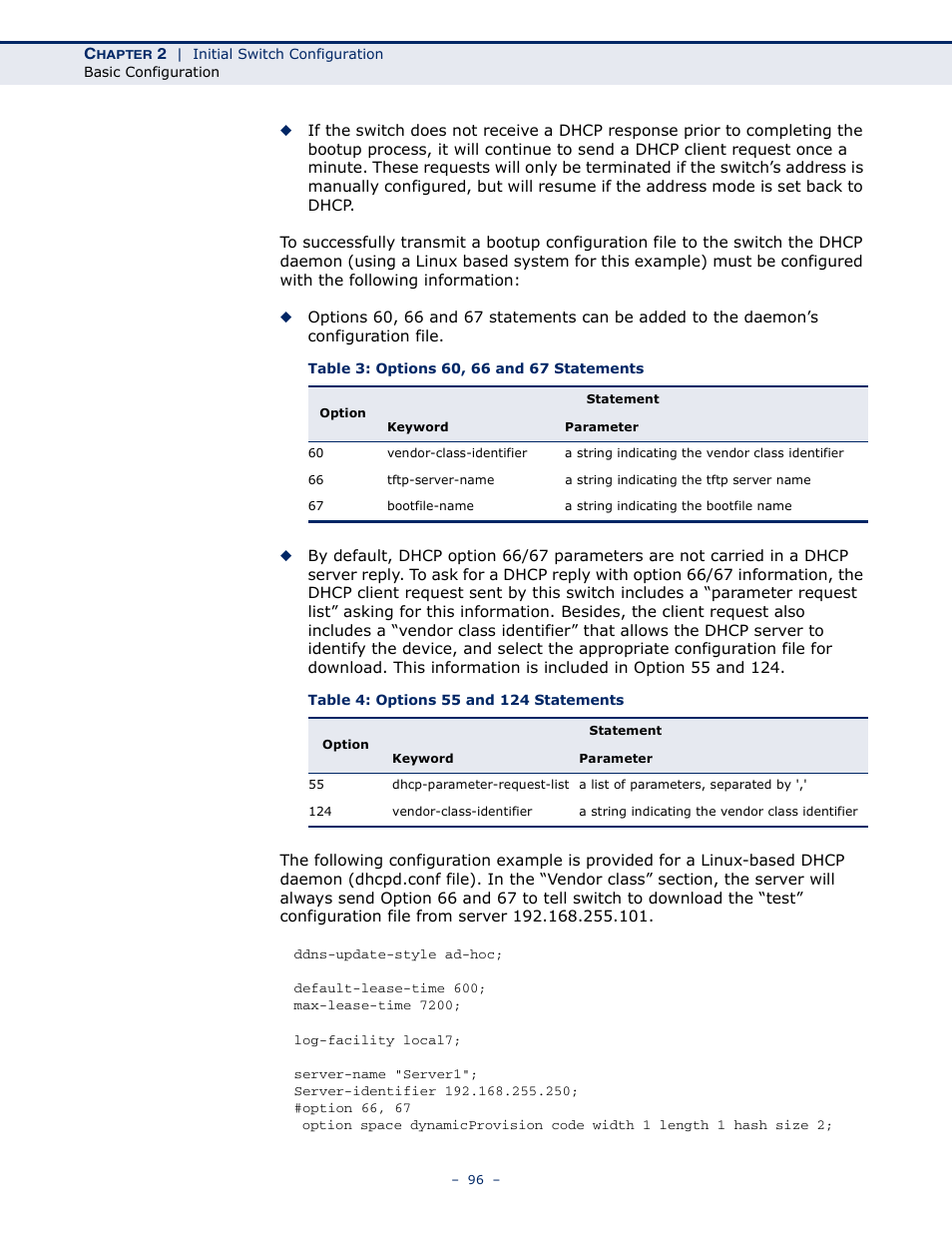 Table 3: options 60, 66 and 67 statements, Table 4: options 55 and 124 statements | LevelOne GTL-2691 User Manual | Page 96 / 1644