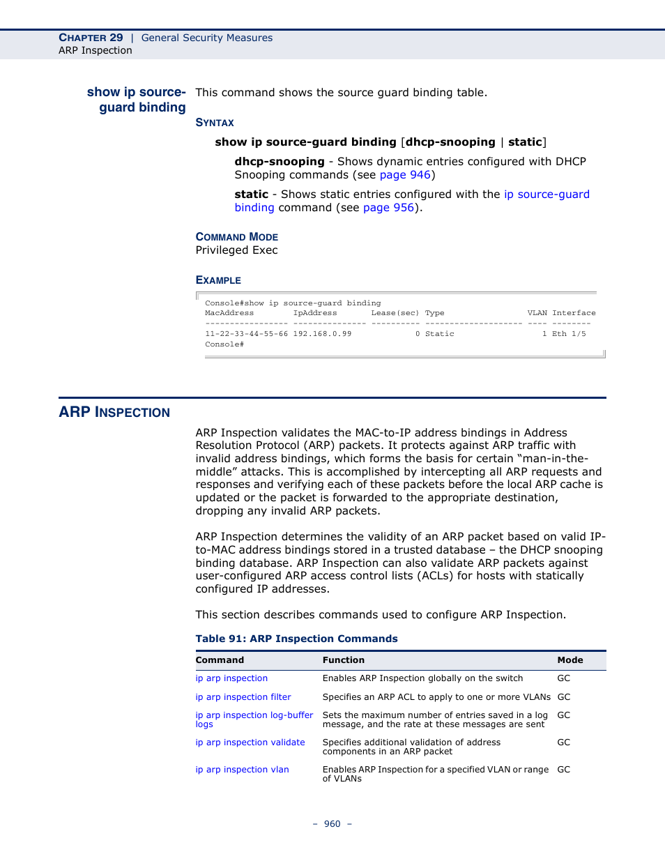 Show ip source- guard binding, Arp inspection, Show ip source-guard binding | Table 91: arp inspection commands, Show ip source-guard, Binding, Arp i | LevelOne GTL-2691 User Manual | Page 960 / 1644