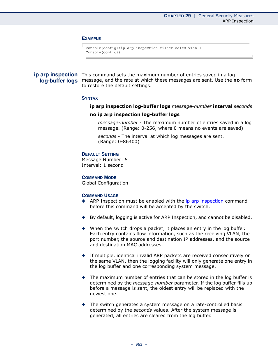 Ip arp inspection log-buffer logs, Ip arp inspection log-buffer, Logs | LevelOne GTL-2691 User Manual | Page 963 / 1644