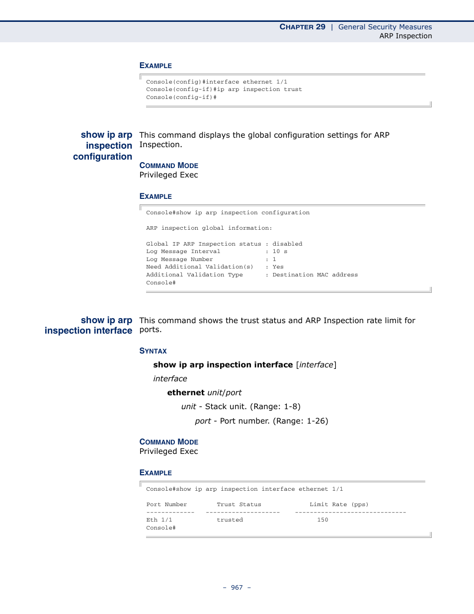 Show ip arp inspection configuration, Show ip arp inspection interface, Show ip arp inspection | Configuration, Interface | LevelOne GTL-2691 User Manual | Page 967 / 1644