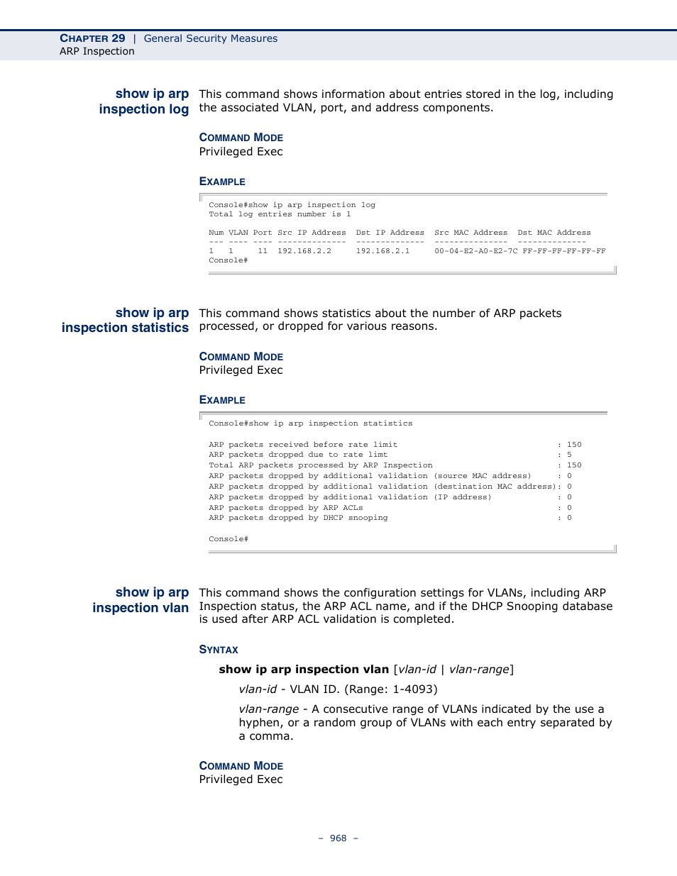 Show ip arp inspection log, Show ip arp inspection statistics, Show ip arp inspection vlan | Show ip arp inspection, Statistics | LevelOne GTL-2691 User Manual | Page 968 / 1644