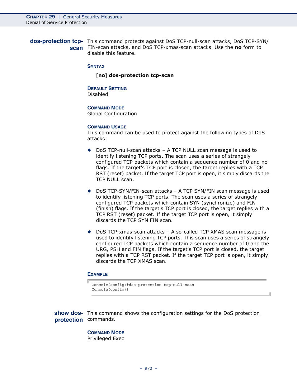 Dos-protection tcp- scan, Show dos- protection, Dos-protection tcp-scan | Show dos-protection | LevelOne GTL-2691 User Manual | Page 970 / 1644