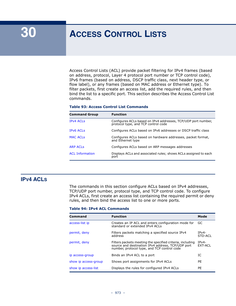 Access control lists, Ipv4 acls, 30 a | Ccess, Ontrol, Ists, Table 93: access control list commands, Table 94: ipv4 acl commands, 4 acl | LevelOne GTL-2691 User Manual | Page 973 / 1644