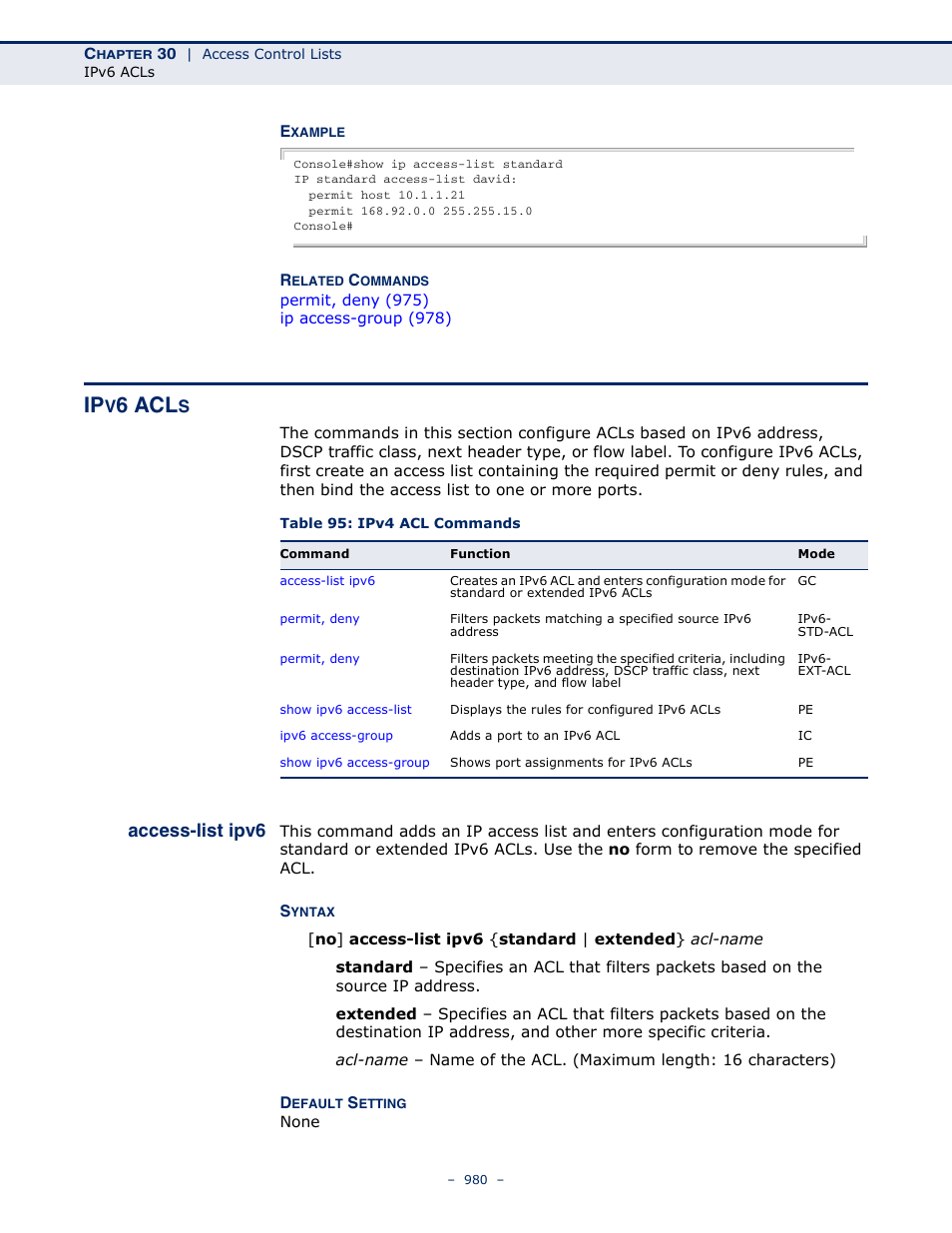 Ipv6 acls, Access-list ipv6, Table 95: ipv4 acl commands | 6 acl | LevelOne GTL-2691 User Manual | Page 980 / 1644