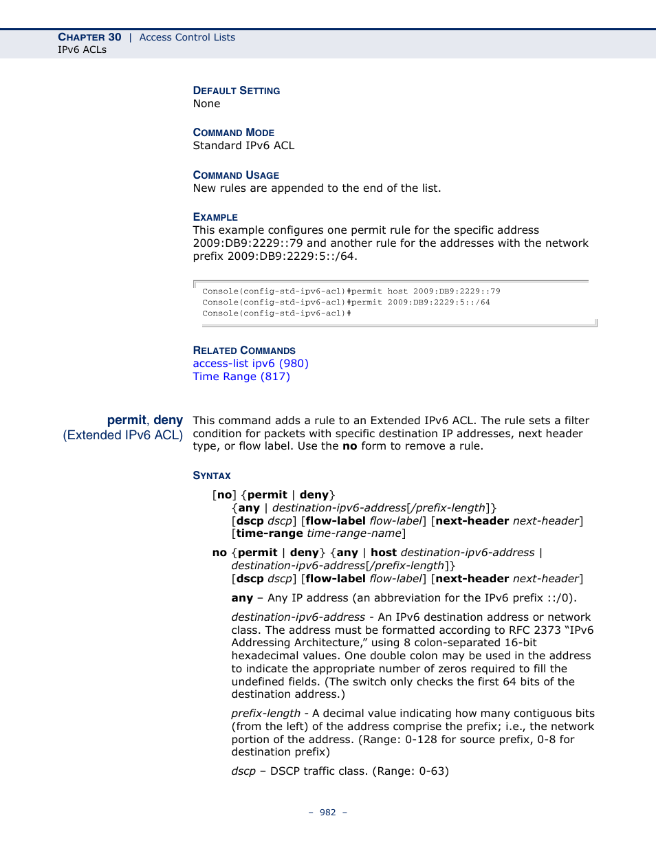 Permit, deny (extended ipv6 acl), Permit, deny, Permit, deny (extended ipv6 acl) (982) | LevelOne GTL-2691 User Manual | Page 982 / 1644