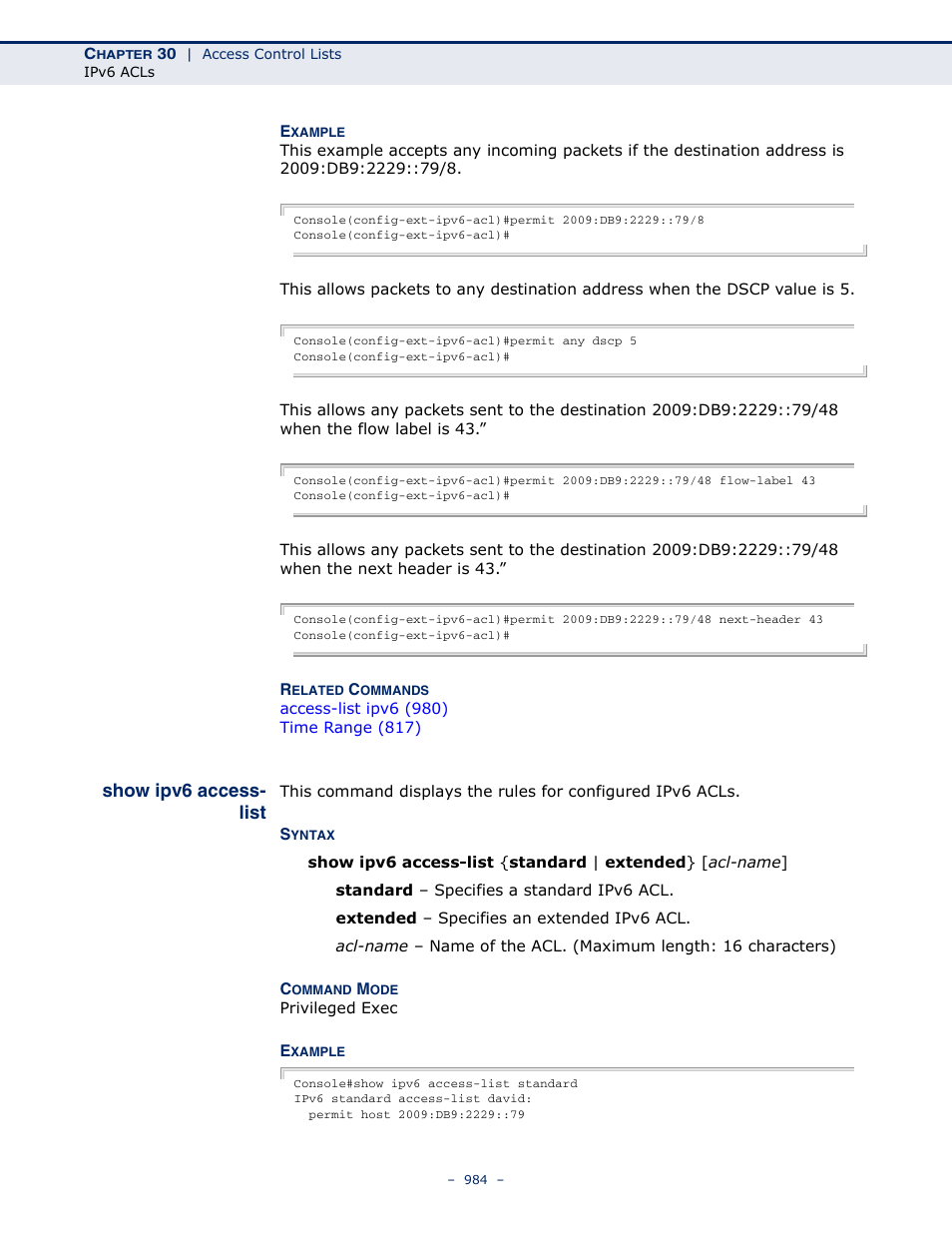 Show ipv6 access- list, Show ipv6 access-list, Show ipv6 access-list (984) | LevelOne GTL-2691 User Manual | Page 984 / 1644