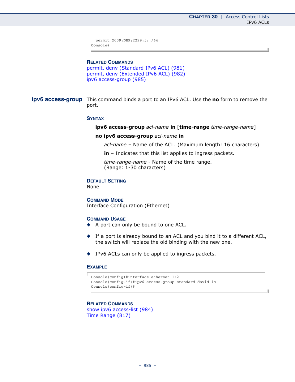 Ipv6 access-group, Ipv6 access-group (985) | LevelOne GTL-2691 User Manual | Page 985 / 1644