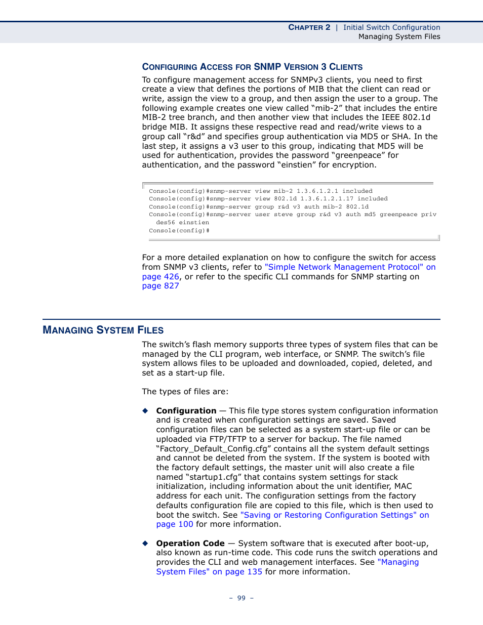 Configuring access for snmp version 3 clients, Managing system files | LevelOne GTL-2691 User Manual | Page 99 / 1644