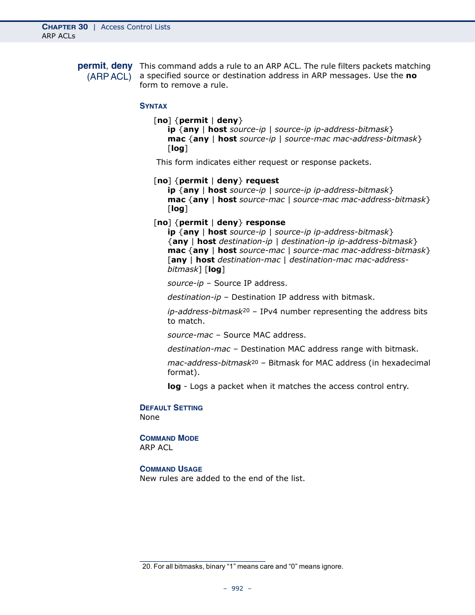 Permit, deny (arp acl), Permit, deny (992), Permit, deny | LevelOne GTL-2691 User Manual | Page 992 / 1644