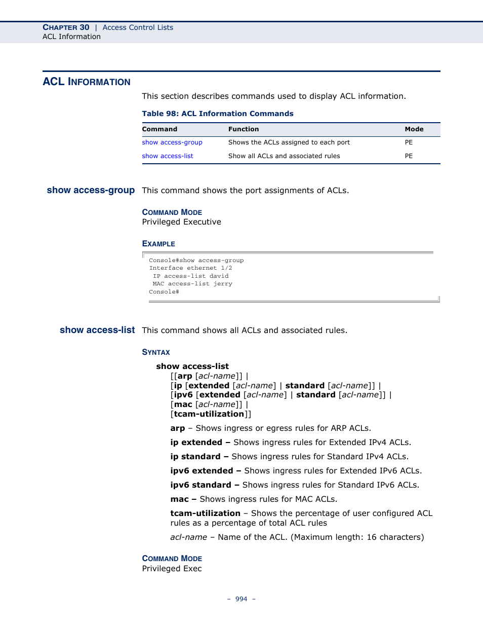 Acl information, Show access-group, Show access-list | Table 98: acl information commands, Acl i | LevelOne GTL-2691 User Manual | Page 994 / 1644