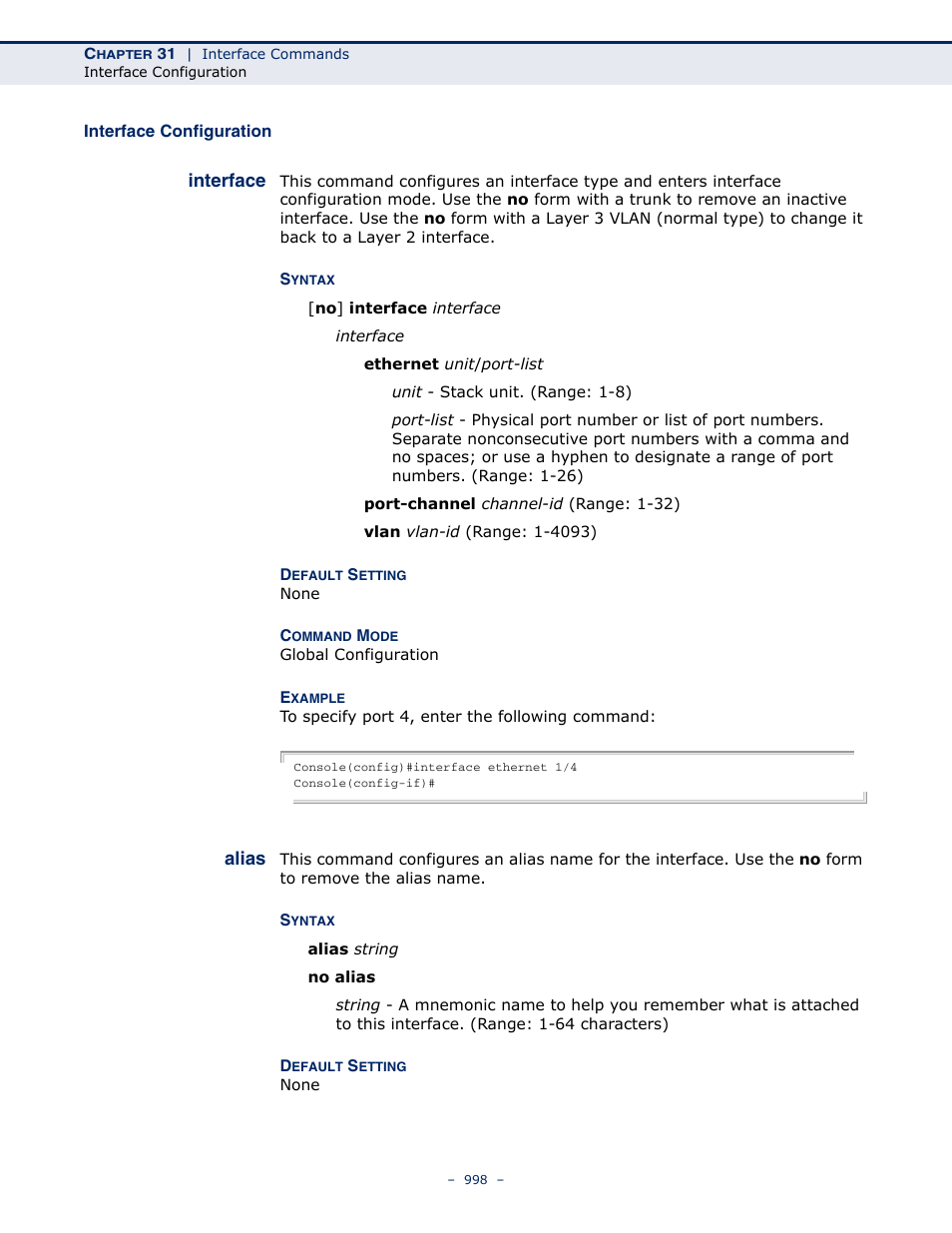Interface configuration, Interface, Alias | Interface 998 alias 998 | LevelOne GTL-2691 User Manual | Page 998 / 1644