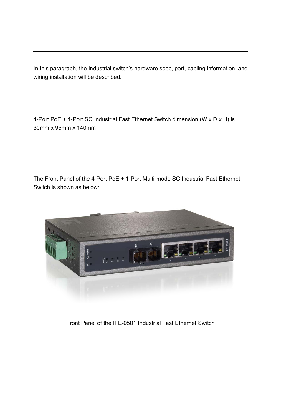 Hardware description, Physical dimension, Front panel | Hysical, Imension, Ront, Anel | LevelOne IFE-0502 User Manual | Page 6 / 21