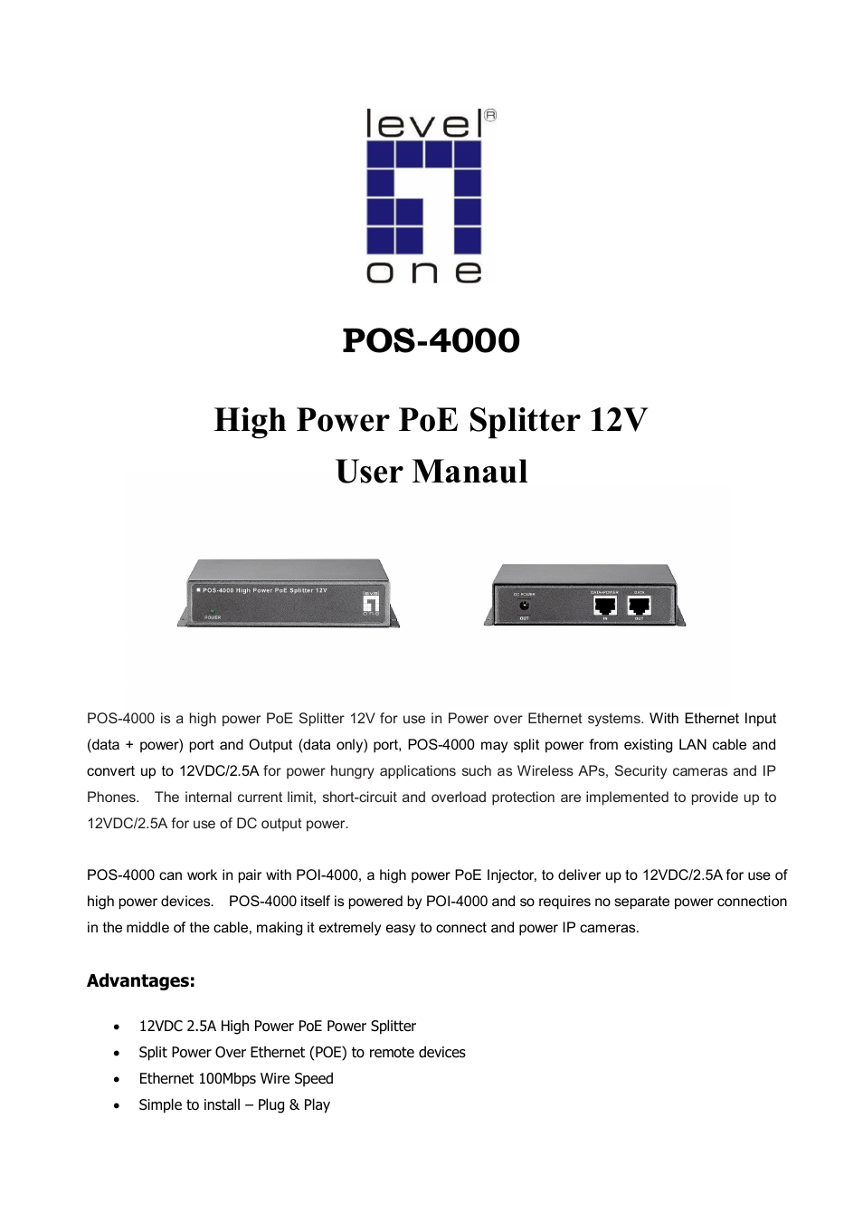 LevelOne POS-4000 User Manual | 3 pages