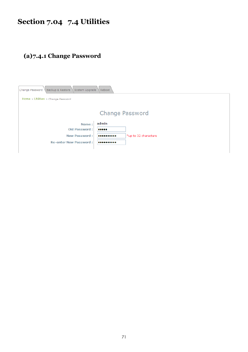 A) 7.4.1 change password | LevelOne EAP-200 User Manual | Page 71 / 81