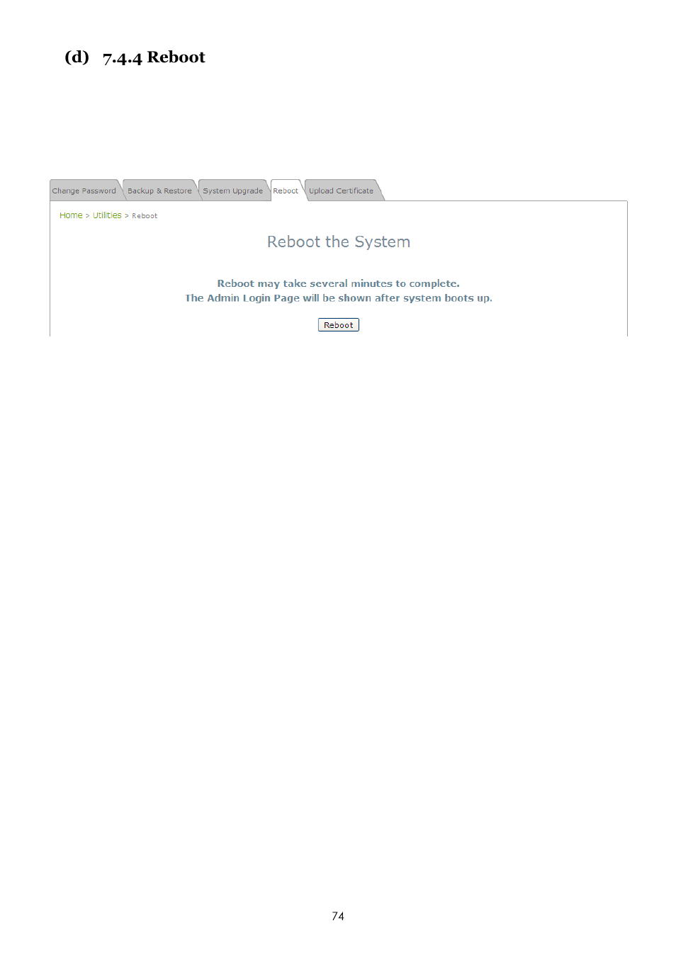 D) 7.4.4 reboot | LevelOne EAP-200 User Manual | Page 74 / 81
