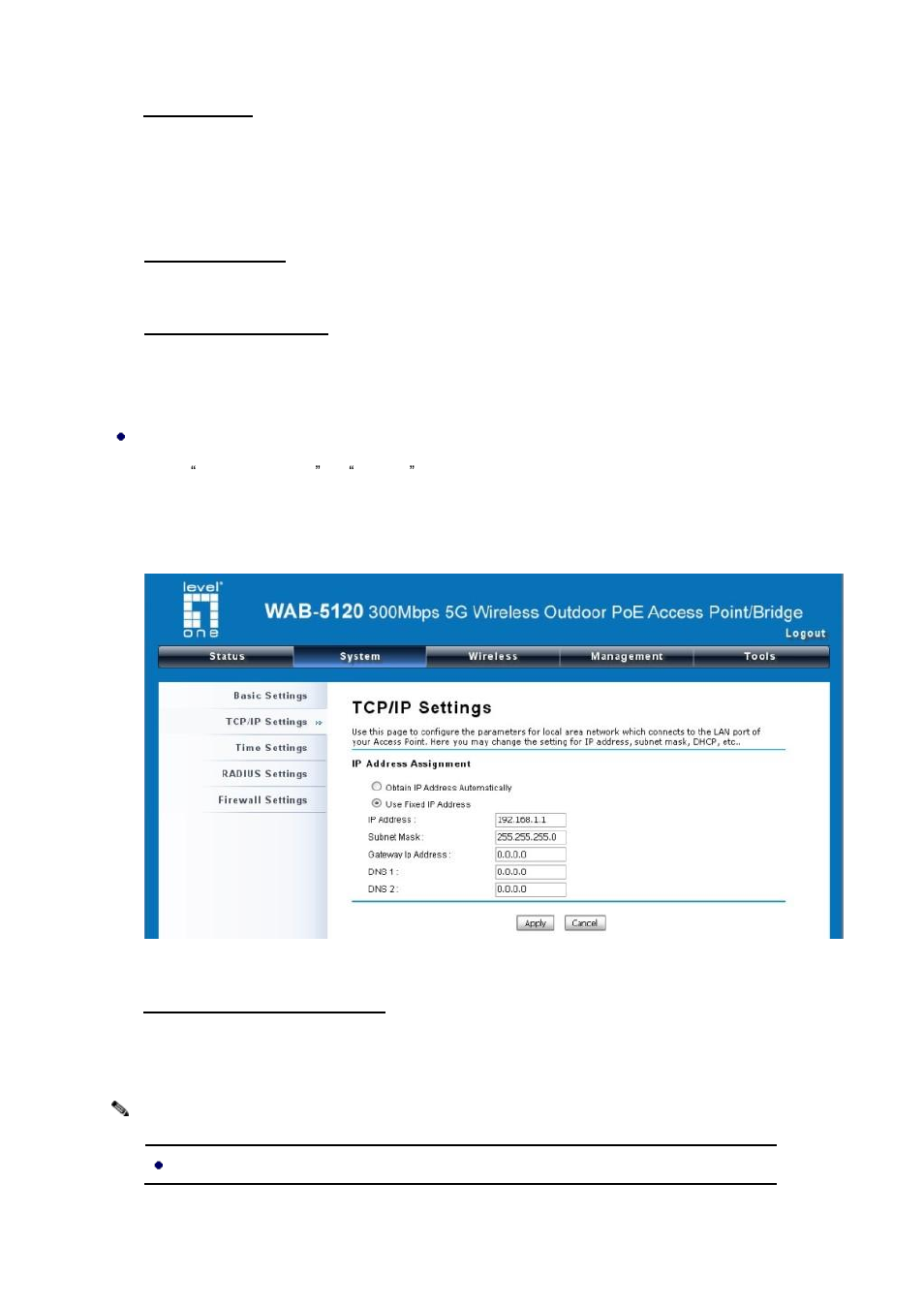 Figure 12 tcp/ip settings (bridge) | LevelOne WAB-5120 User Manual | Page 27 / 86