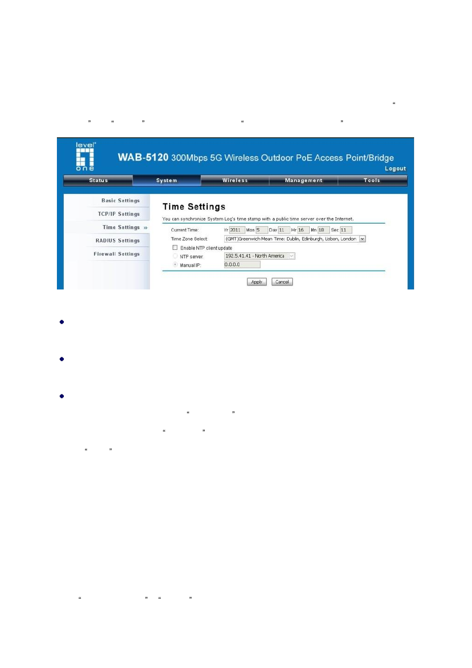 Radius settings, Figure 14 time settings, Time settings | LevelOne WAB-5120 User Manual | Page 30 / 86
