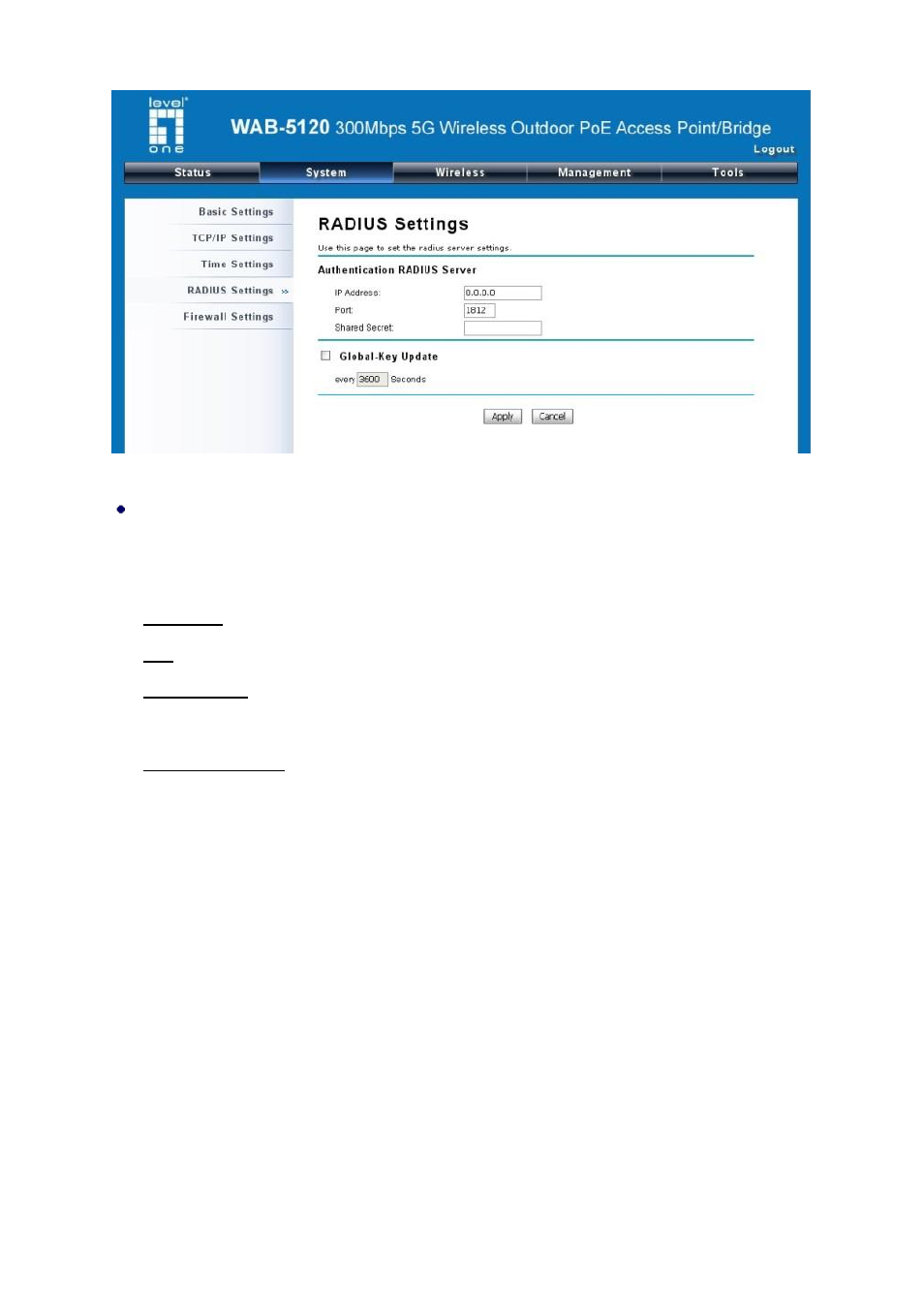 Firewall settings, Figure 15 radius settings | LevelOne WAB-5120 User Manual | Page 31 / 86