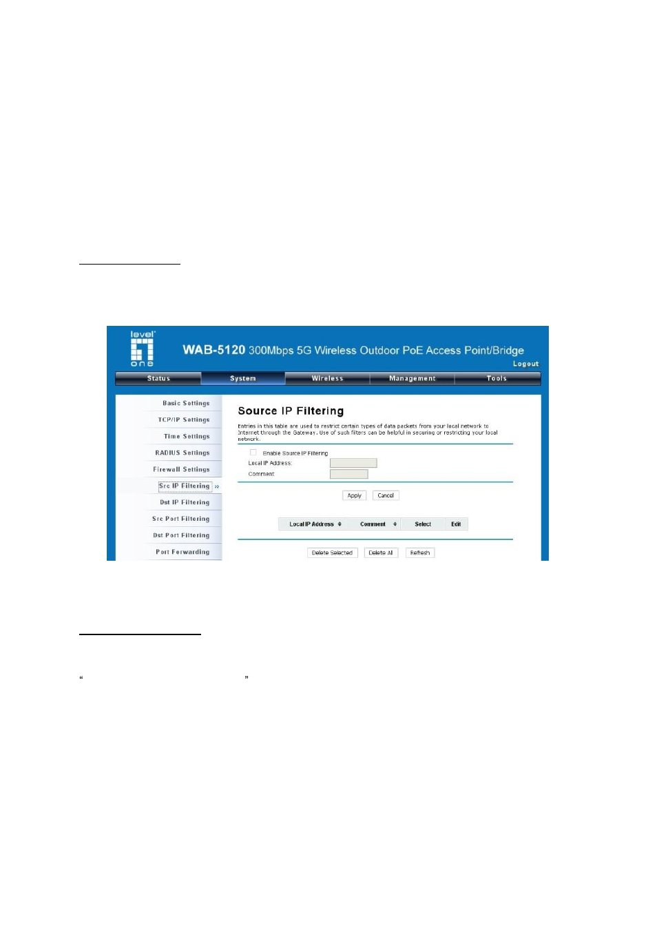 Figure 16 source ip filtering, Firewall settings | LevelOne WAB-5120 User Manual | Page 32 / 86