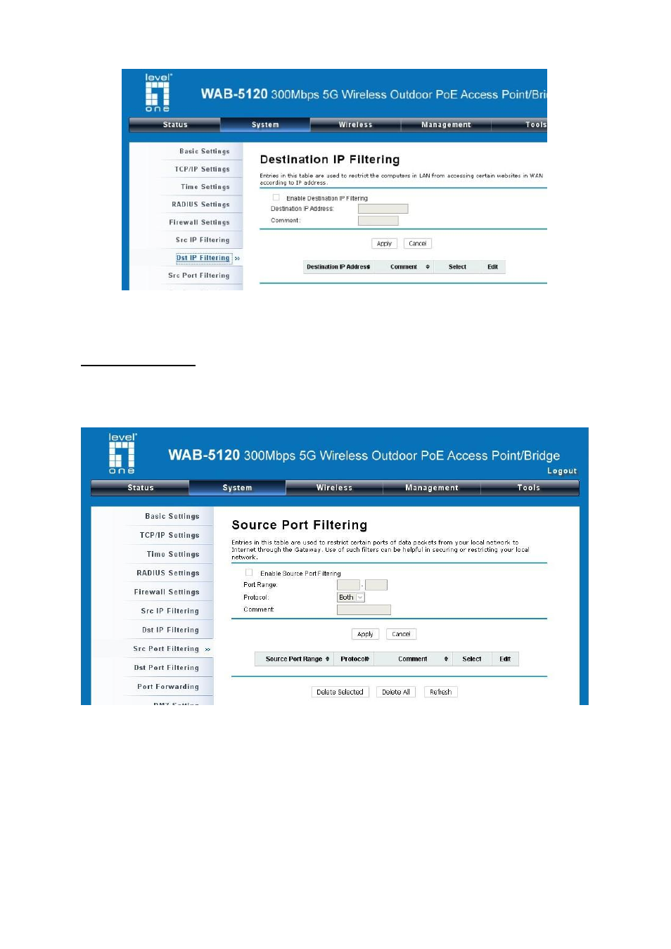 Figure 17 destination ip filtering, Figure 18 source port filtering | LevelOne WAB-5120 User Manual | Page 33 / 86