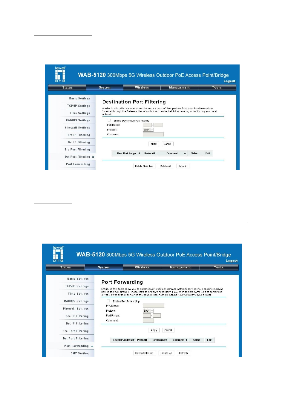 Figure 19 destination port filtering, Figure 20 port forwarding | LevelOne WAB-5120 User Manual | Page 34 / 86