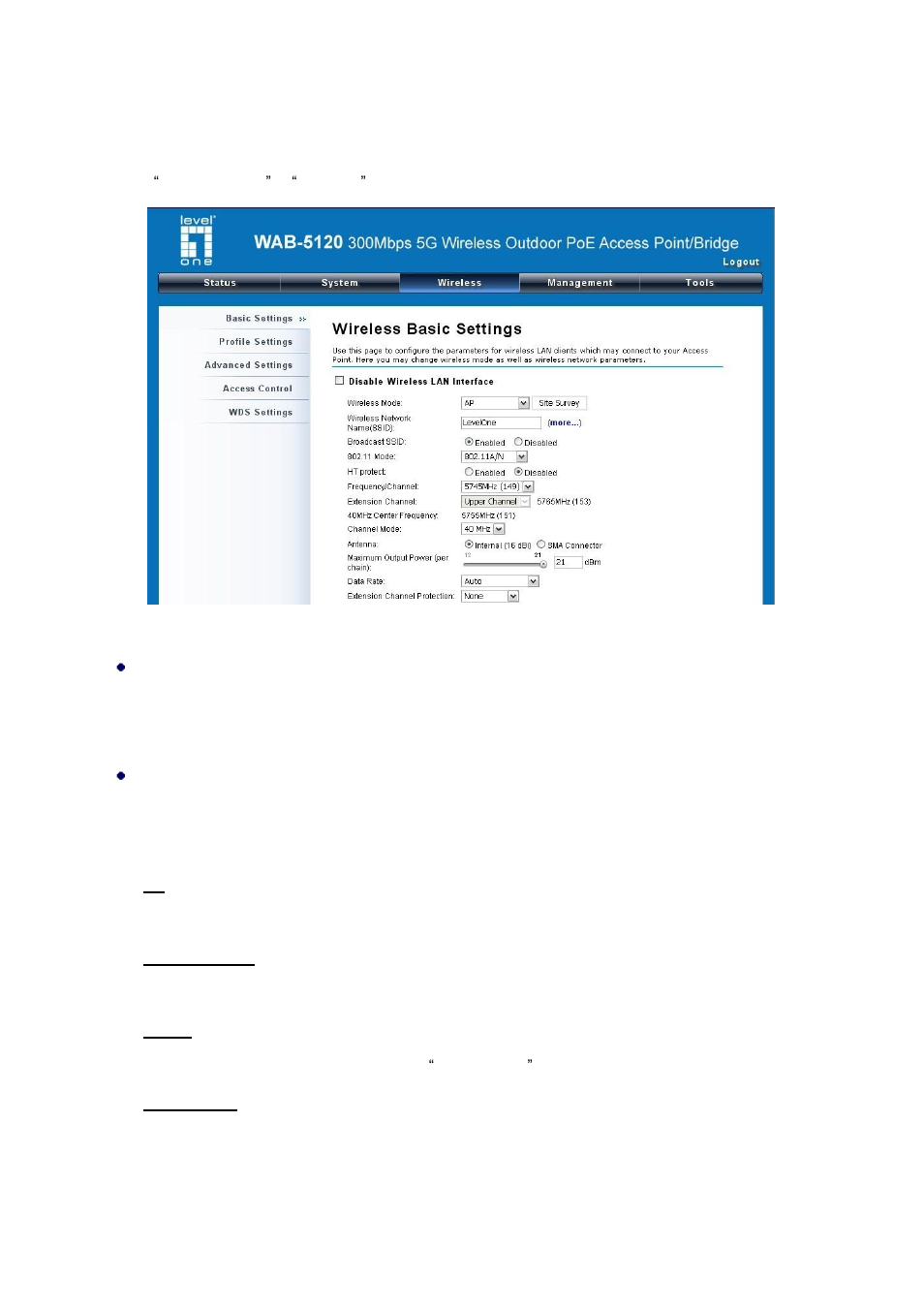 Figure 22 basic wireless settings, Basic wireless settings | LevelOne WAB-5120 User Manual | Page 36 / 86