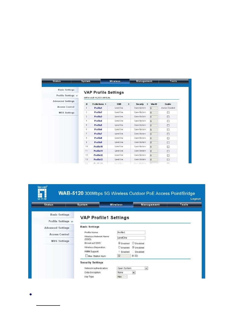 Figure 24 vap profile settings, Figure 25 vap profile settings, Vap profile settings | LevelOne WAB-5120 User Manual | Page 40 / 86