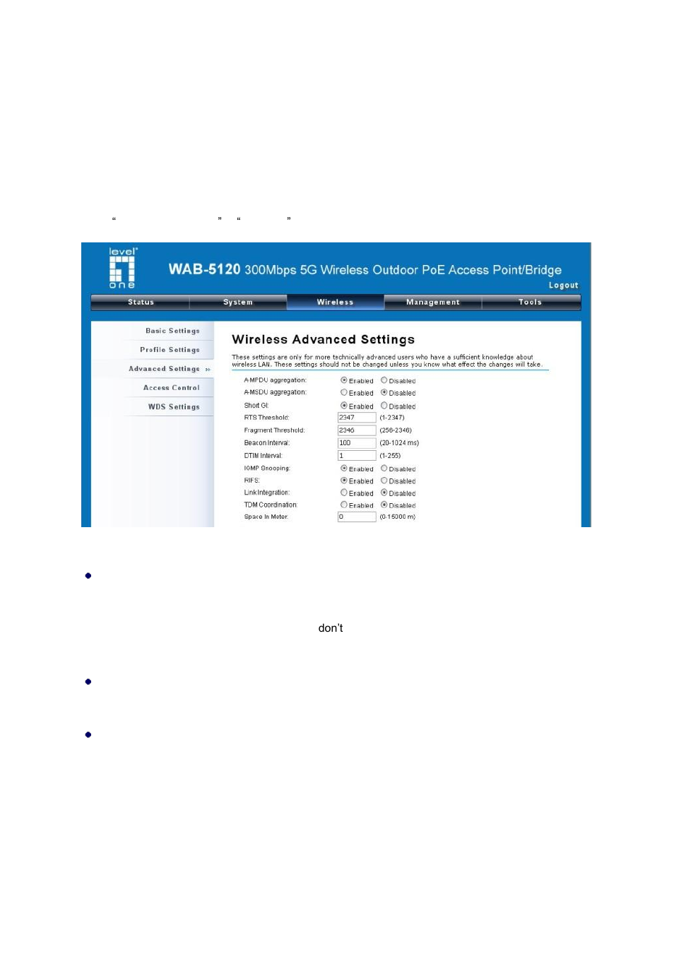 Chapter 4 advanced settings, Advanced wireless settings, Figure 27 advanced wireless settings | LevelOne WAB-5120 User Manual | Page 43 / 86
