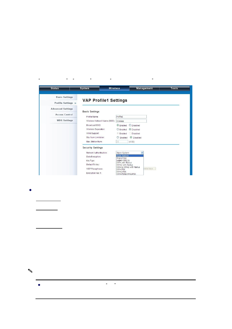 Wireless security settings, Data encryption and authentication settings, Figure 28 security settings | LevelOne WAB-5120 User Manual | Page 46 / 86