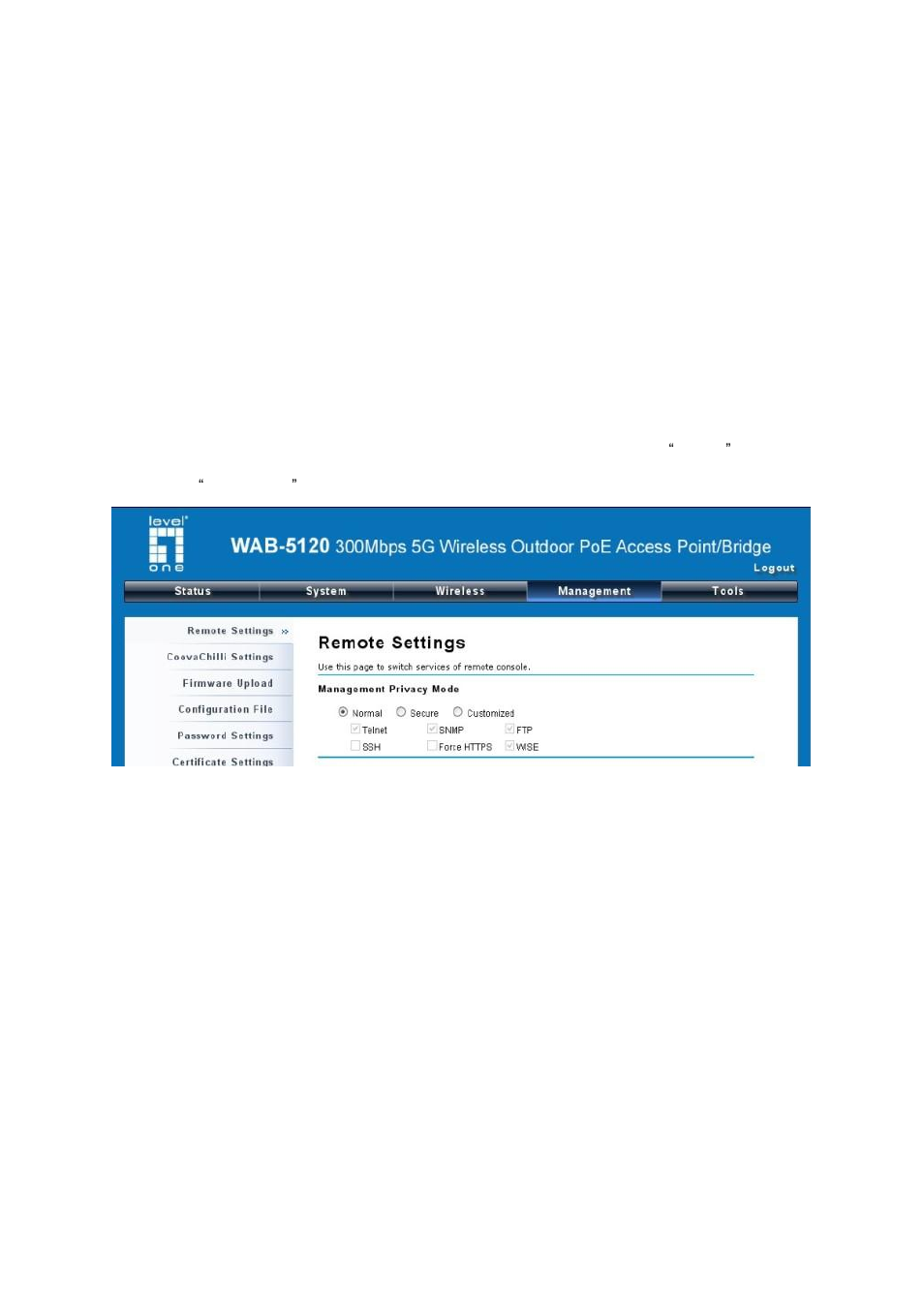 Chapter 5 management, Remote management, Snmp management | Figure 31 remote management | LevelOne WAB-5120 User Manual | Page 50 / 86