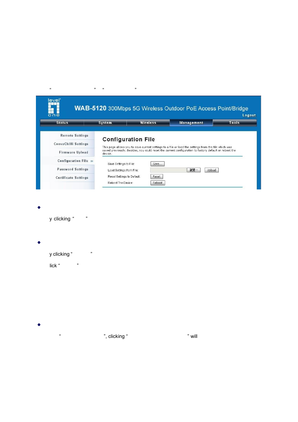 Backup/ retrieve settings, Restore factory default settings, Figure 36 backup/retrieve settings | LevelOne WAB-5120 User Manual | Page 56 / 86