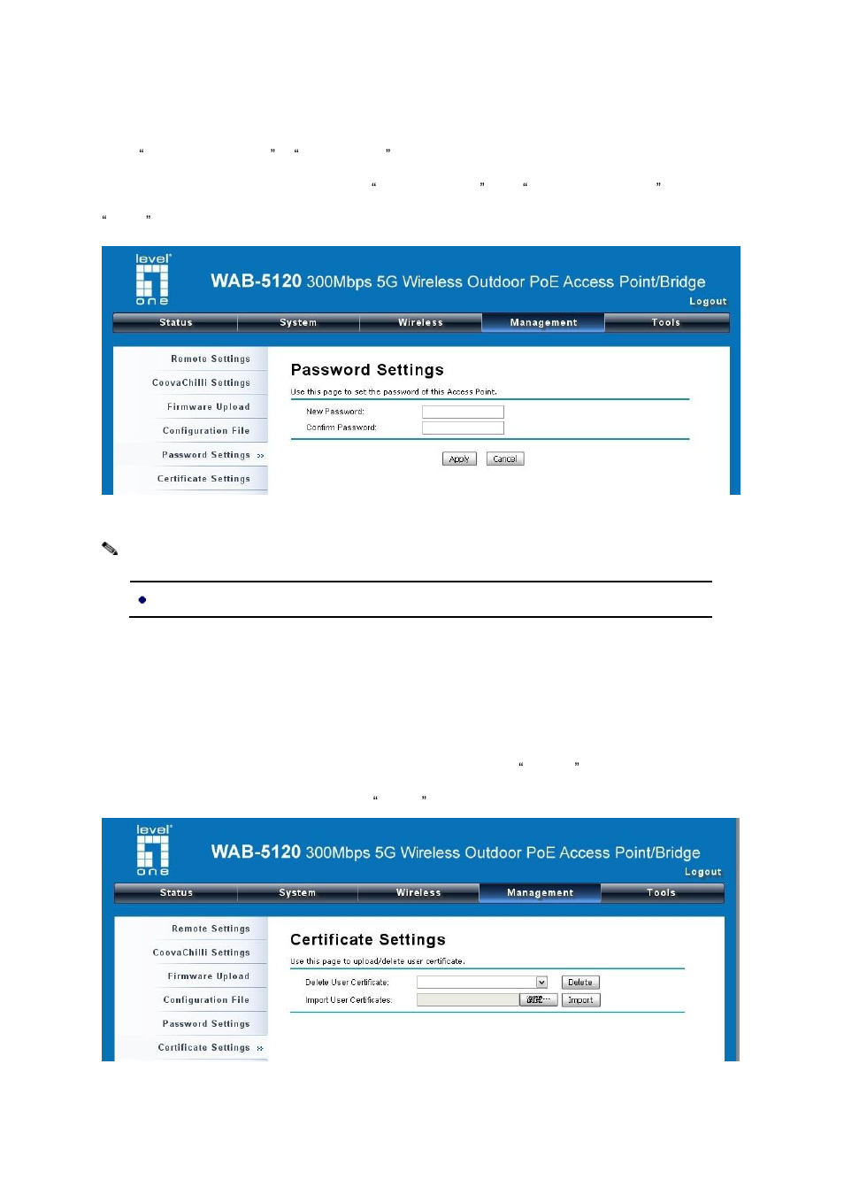 Password, Certificate settings, Figure 39 password | Figure 40 certificate settings | LevelOne WAB-5120 User Manual | Page 58 / 86