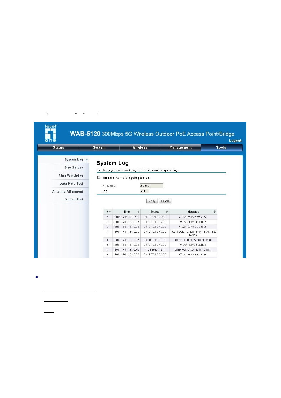 Chapter 6 monitoring tools, System log, Site survey | Figure 41 system log | LevelOne WAB-5120 User Manual | Page 59 / 86