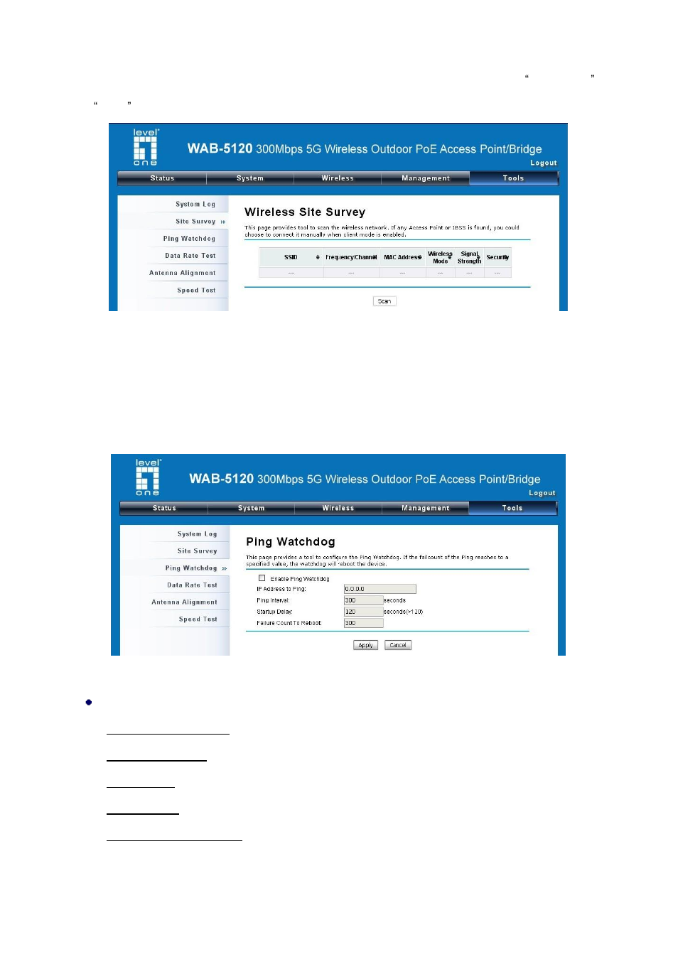 Ping watch dog, Figure 42 site survey tool, Figure 43 ping watchdog | LevelOne WAB-5120 User Manual | Page 60 / 86