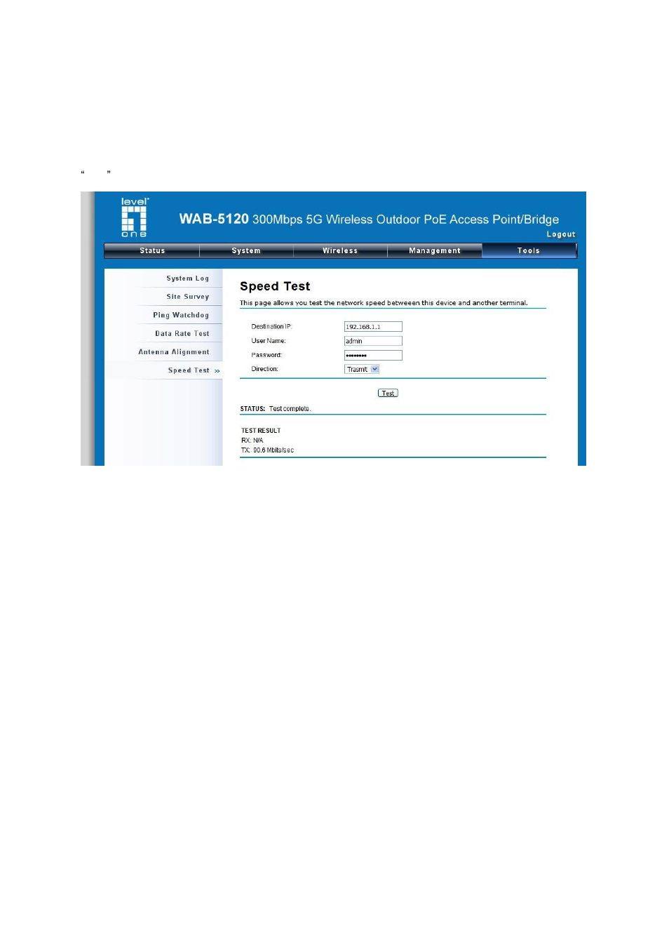 Speed test, Figure 46 speed test | LevelOne WAB-5120 User Manual | Page 62 / 86