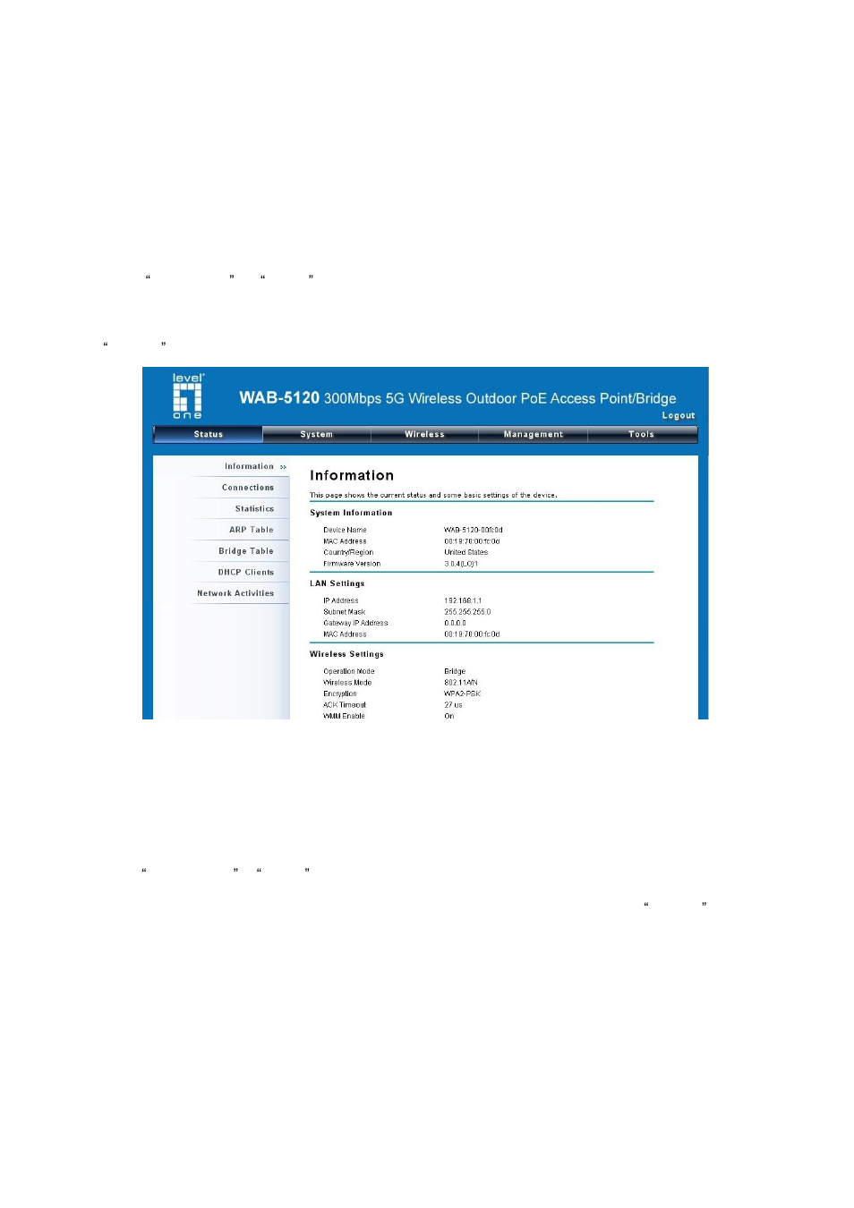 Chapter 7 status, View basic information, View association list | Figure 47 basic information | LevelOne WAB-5120 User Manual | Page 63 / 86