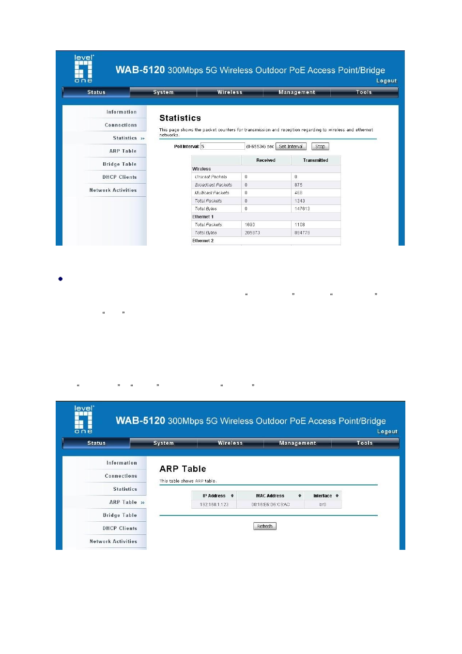View arp table, Figure 49 network flow statistics, Figure 50 arp table | LevelOne WAB-5120 User Manual | Page 65 / 86
