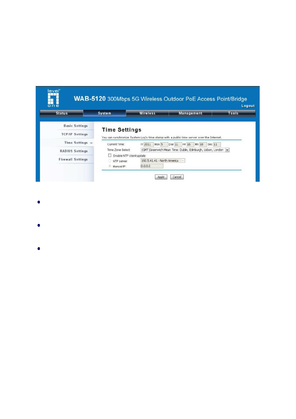 Time settings, Radius settings | LevelOne WAB-5120 User Manual | Page 29 / 85