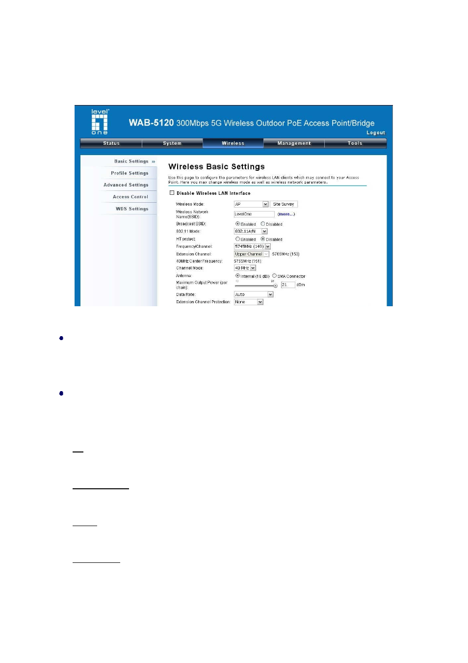 Basic wireless settings | LevelOne WAB-5120 User Manual | Page 35 / 85
