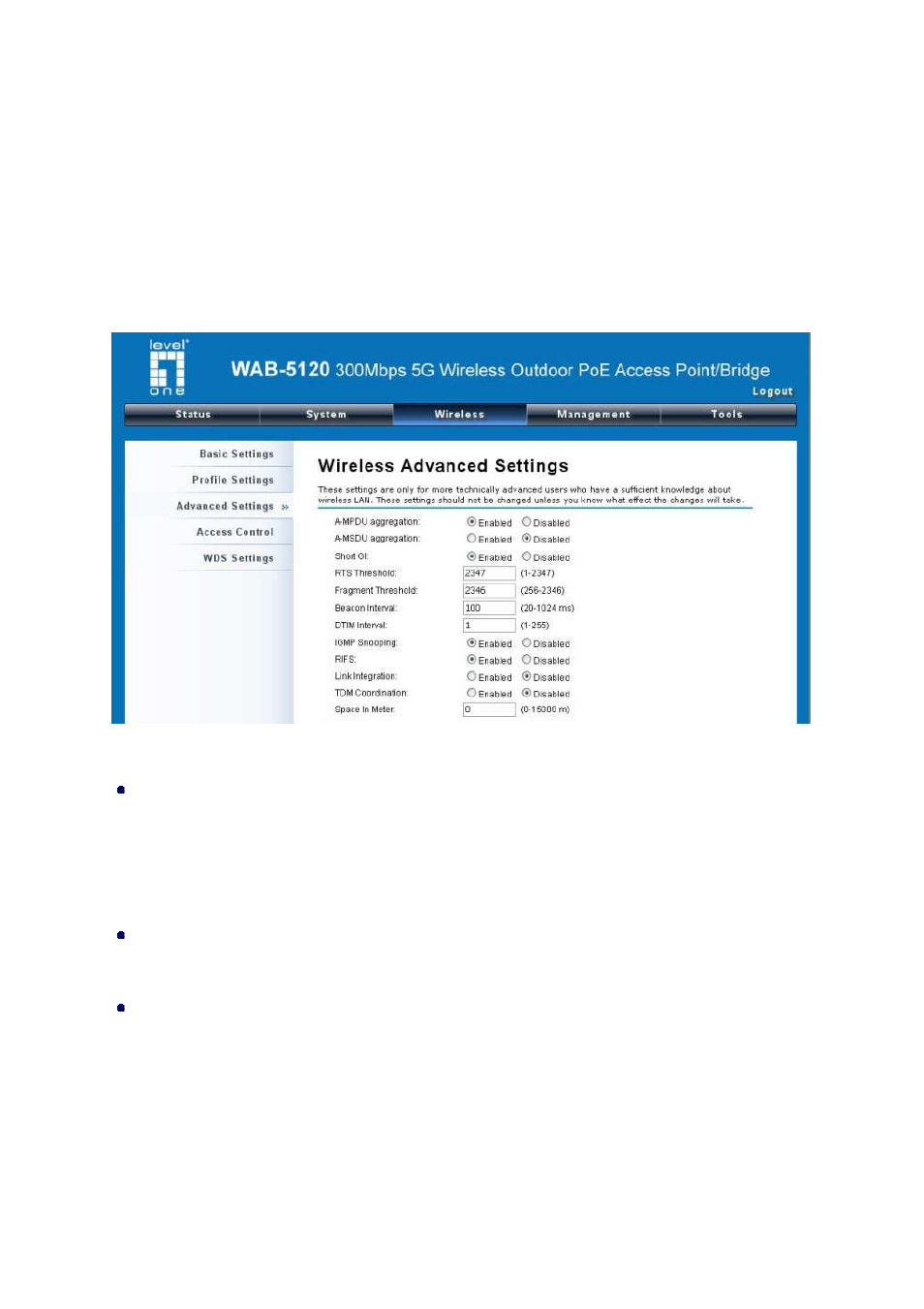 Chapter 4 advanced settings, Advanced wireless settings | LevelOne WAB-5120 User Manual | Page 42 / 85