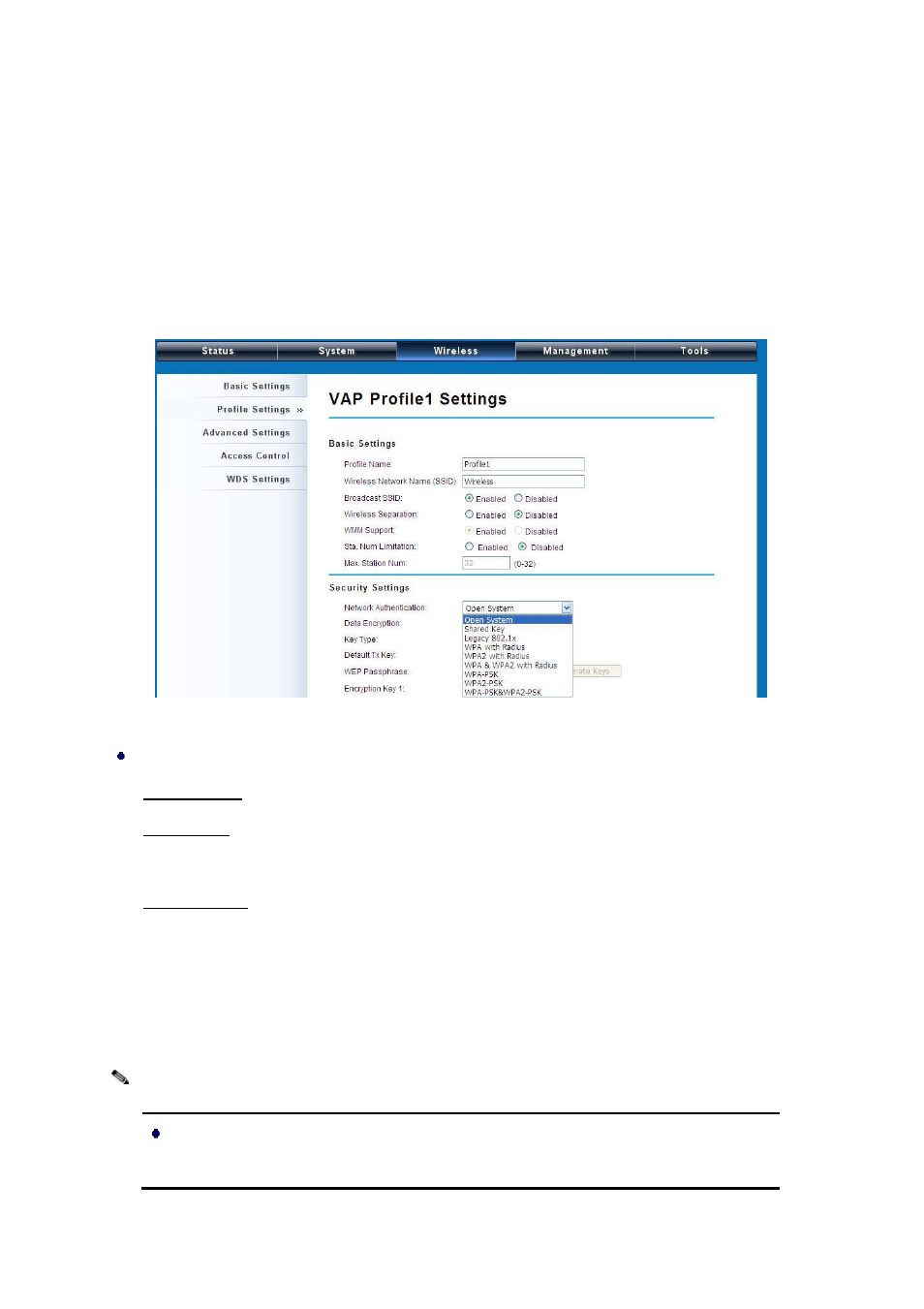 Wireless security settings, Data encryption and authentication settings | LevelOne WAB-5120 User Manual | Page 45 / 85