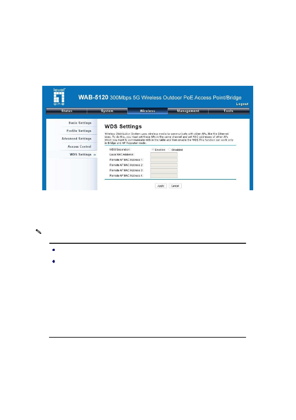 Wds settings | LevelOne WAB-5120 User Manual | Page 48 / 85