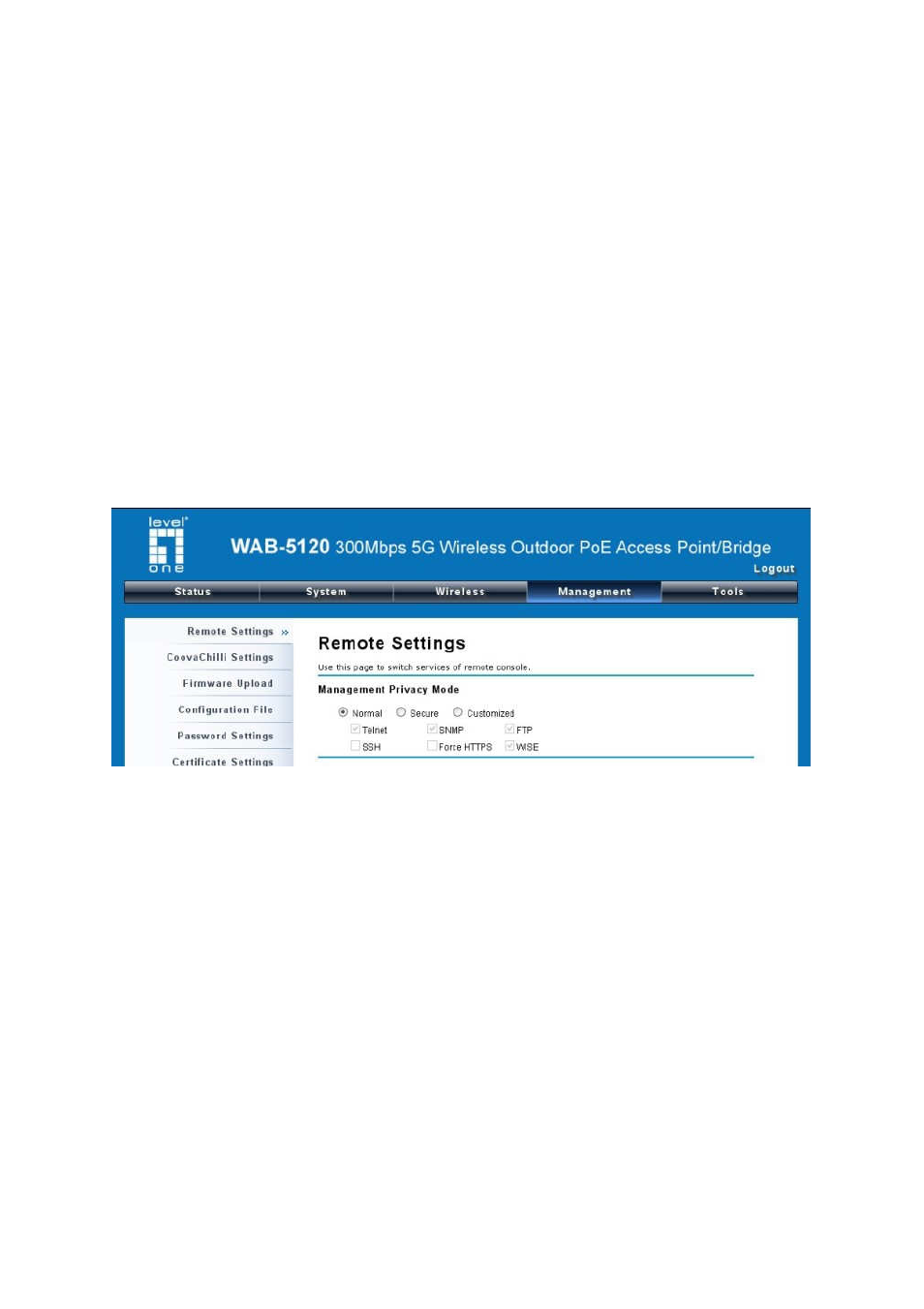 Chapter 5 management, Remote management | LevelOne WAB-5120 User Manual | Page 49 / 85