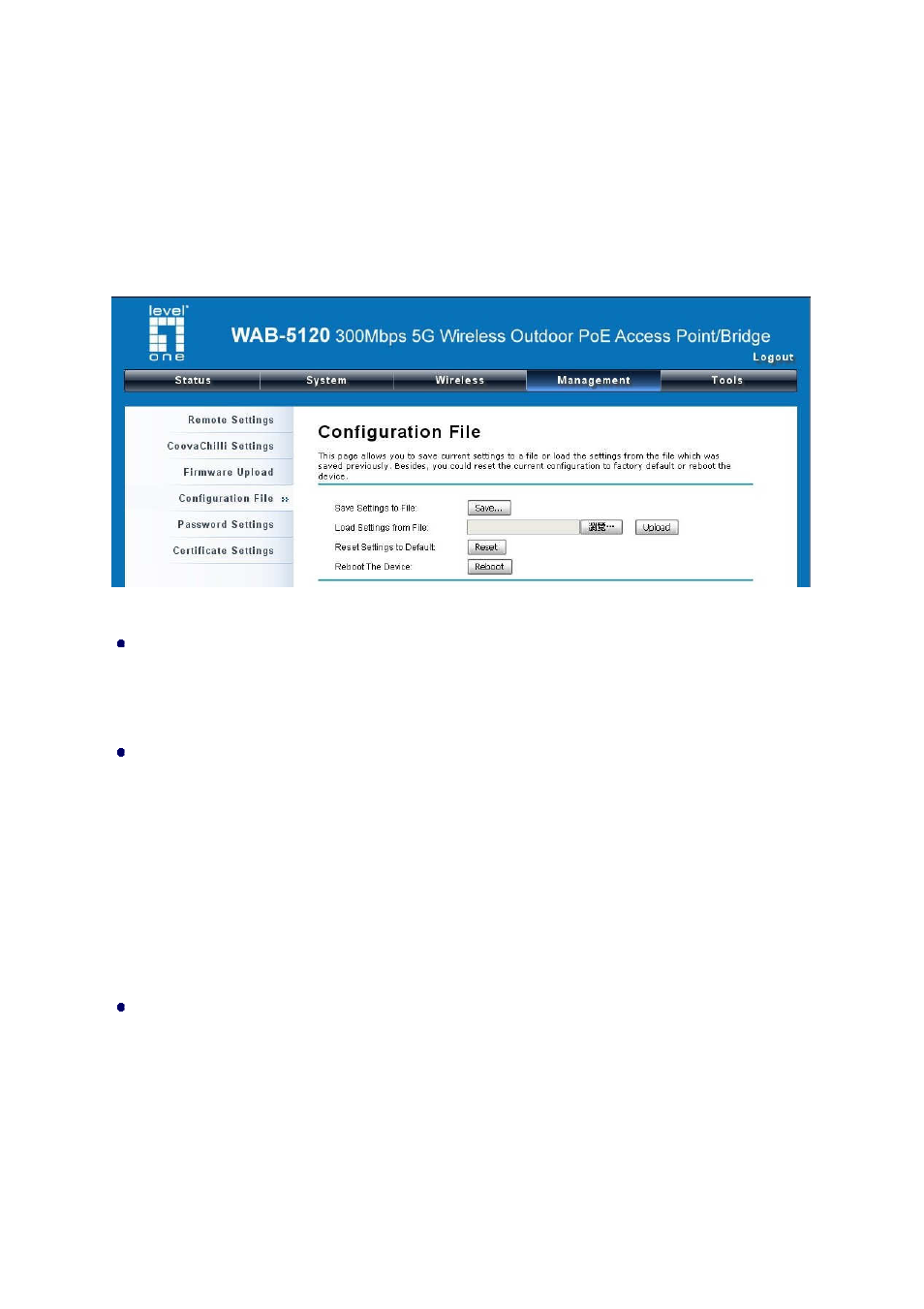 Backup/ retrieve settings, Restore factory default settings | LevelOne WAB-5120 User Manual | Page 55 / 85