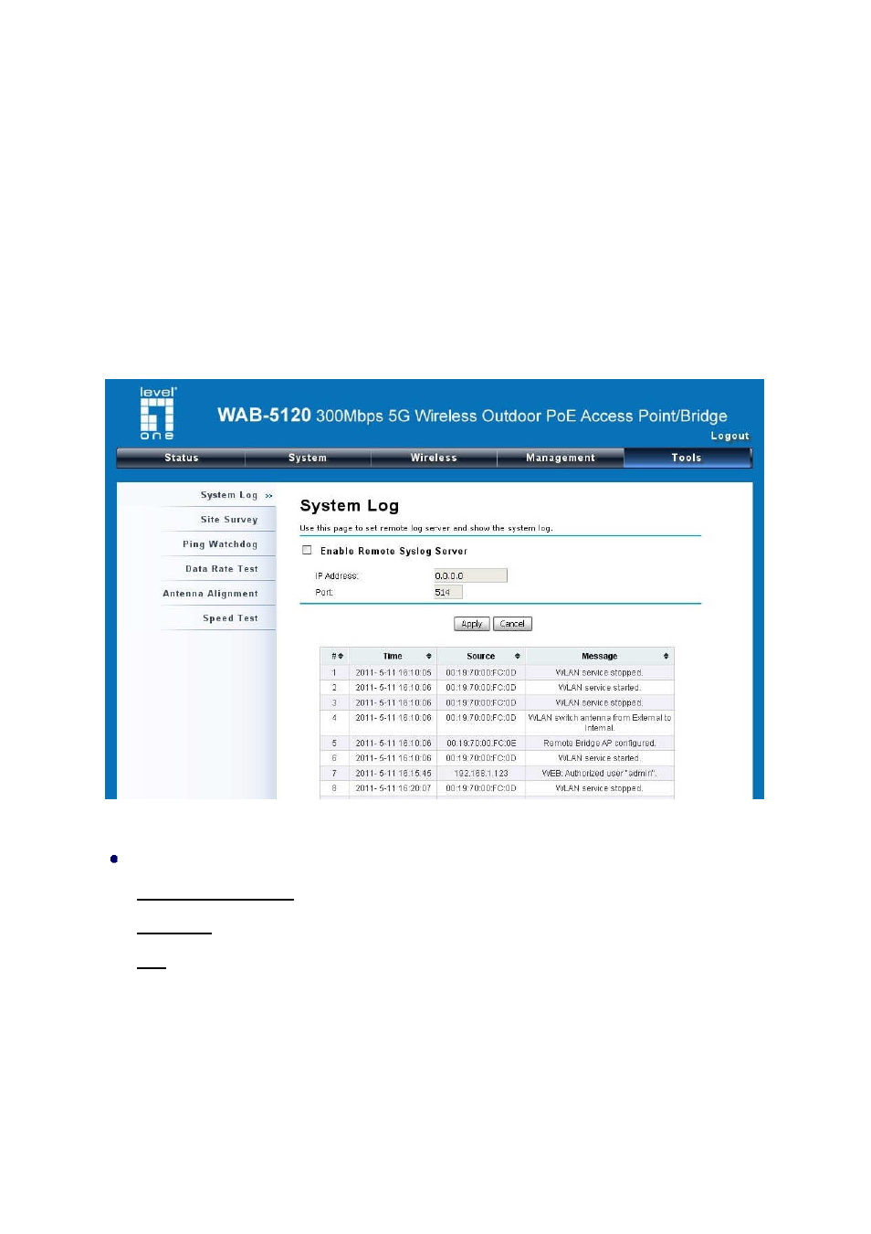 Chapter 6 monitoring tools, System log, Site survey | LevelOne WAB-5120 User Manual | Page 58 / 85