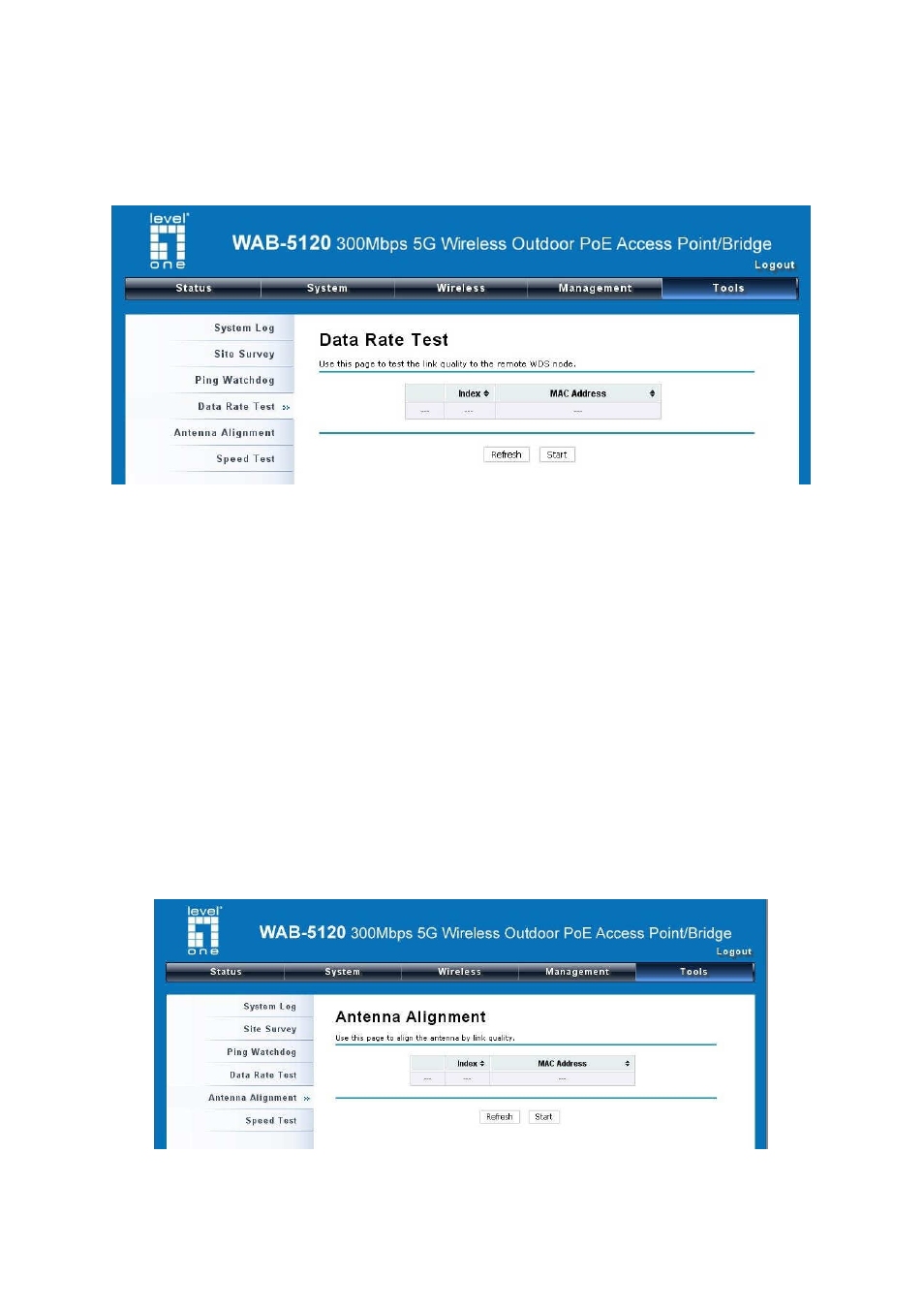 Data rate test, Antenna alignment | LevelOne WAB-5120 User Manual | Page 60 / 85
