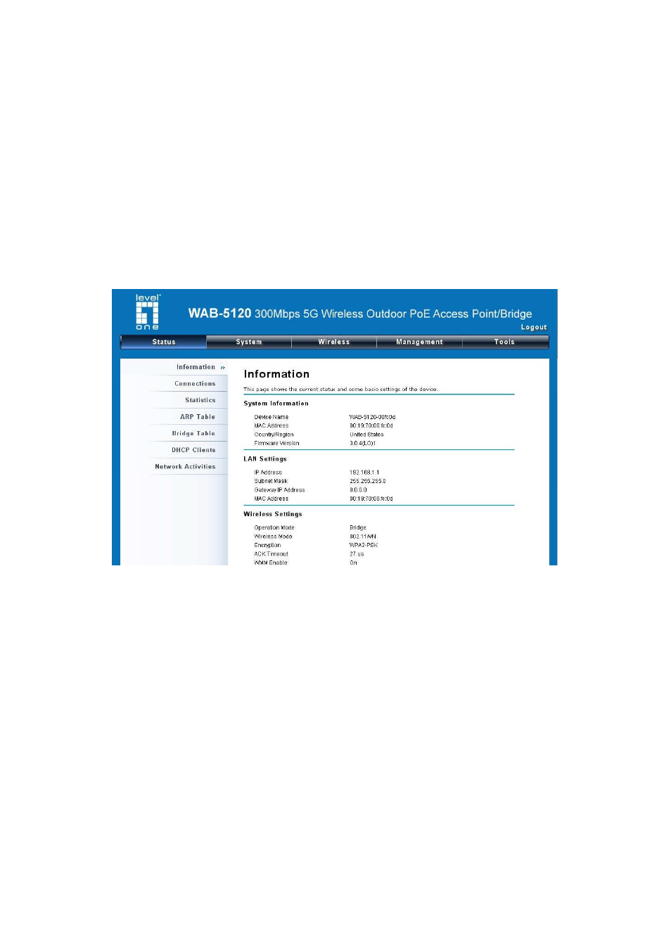 Chapter 7 status, View basic information, View association list | LevelOne WAB-5120 User Manual | Page 62 / 85