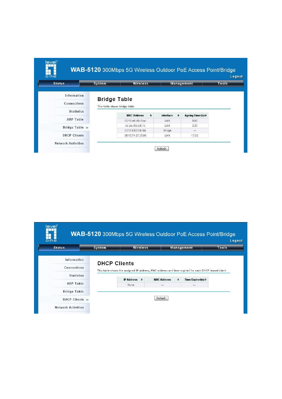 View bridge table, View active dhcp client table | LevelOne WAB-5120 User Manual | Page 65 / 85